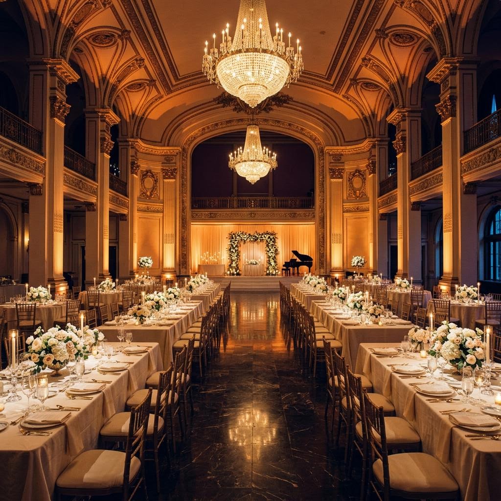 An event room shaped by warm and colorful lighting